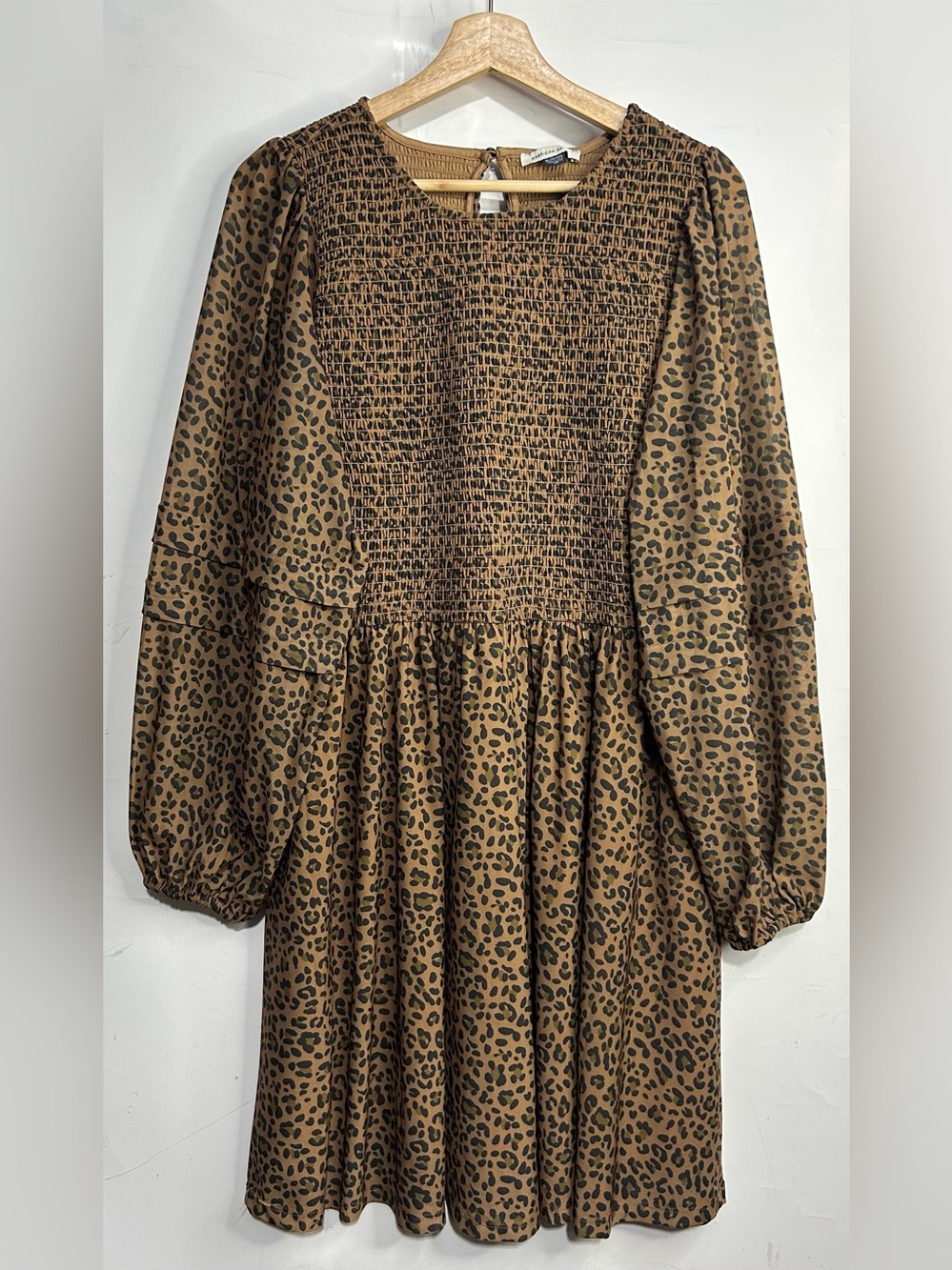 American Eagle Tan Cheetah Print Smocked Long Sleeve Dress XL